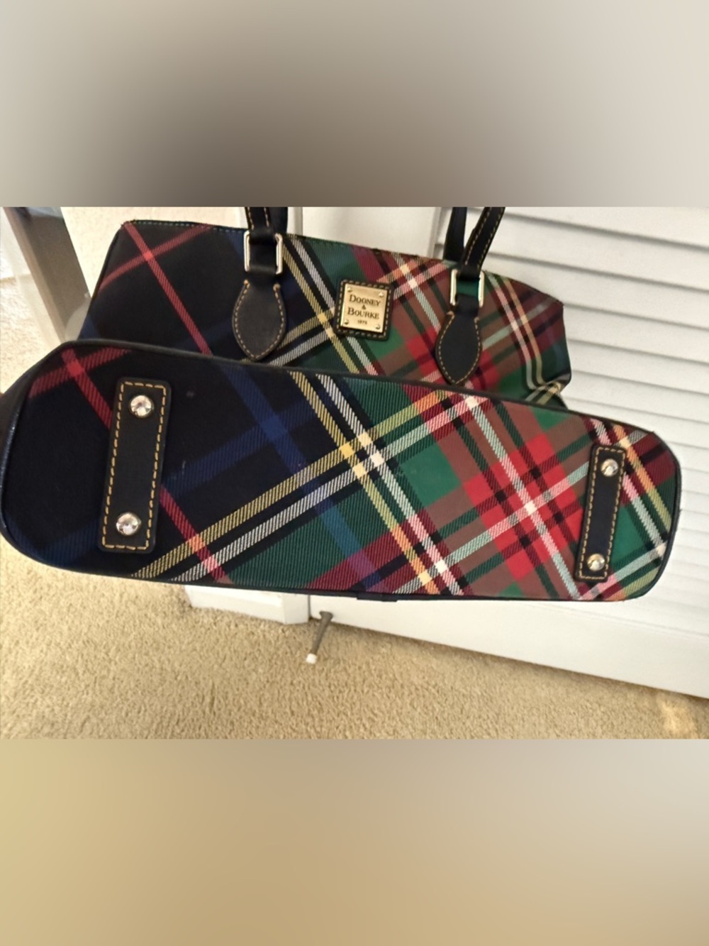 Dooney & Bourke Plaid Tartan Tote Shoulder Bag Navy Green Red Tassel Zip - Picture 4 of 7